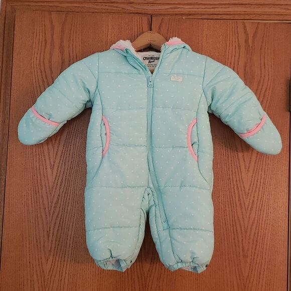 Very Nice Oshkosh B'Gosh Turquoise Pink Hooded Baby Winter Snowsuit Sz 12 Mos - Picture 1 of 6